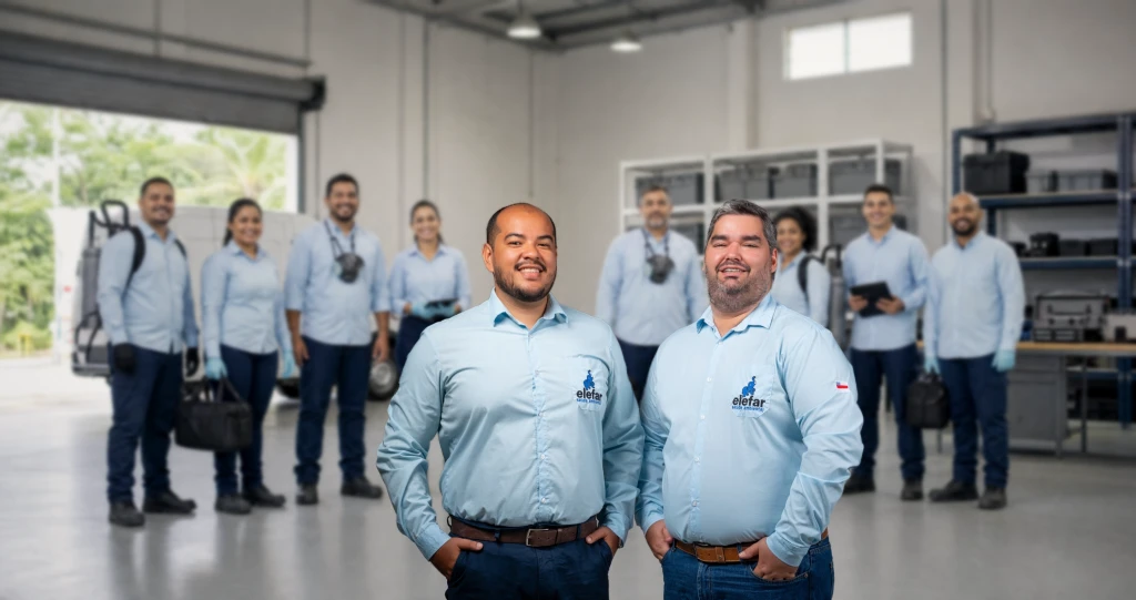 Fundadores da Elefar à frente da equipe técnica uniformizada, com equipamentos de trabalho