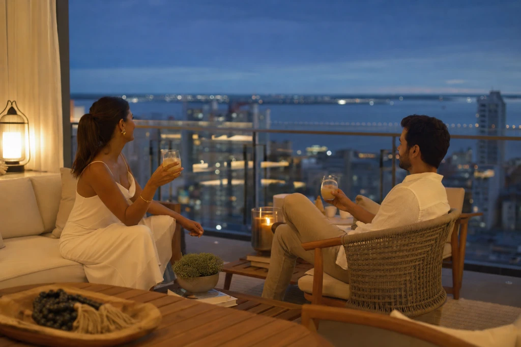 Casal conversa na varanda de um apartamento em Manaus ao anoitecer, com a cidade e o rio ao fundo
