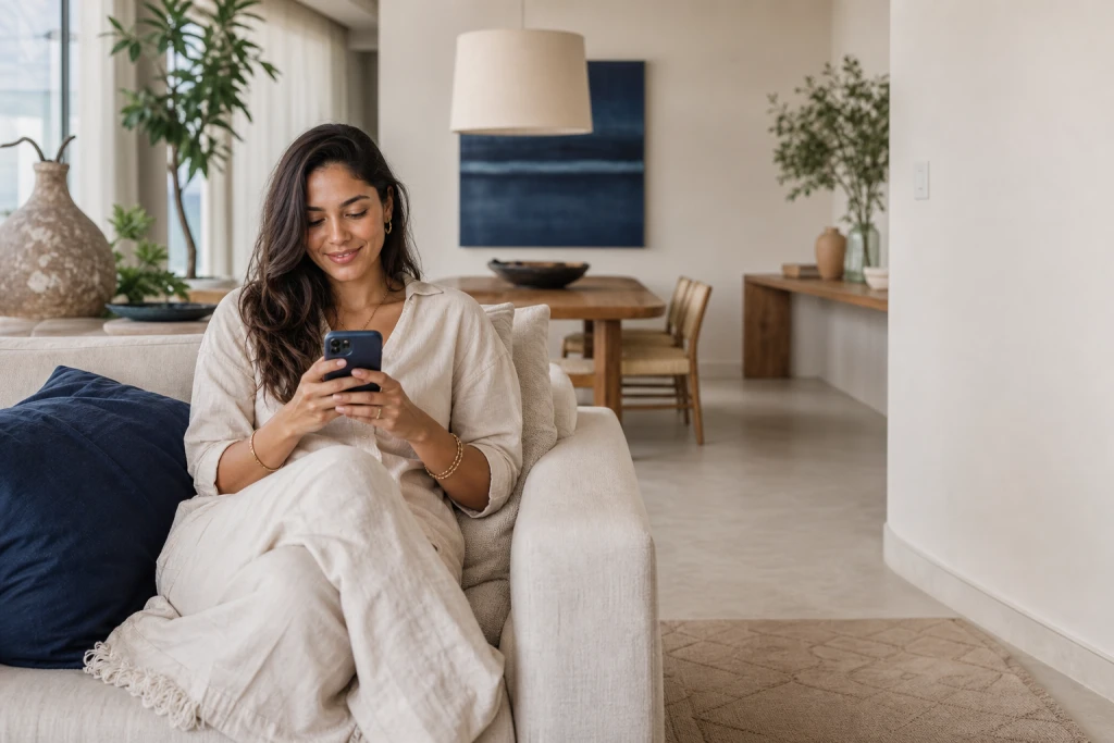 Mulher responde ao diagnóstico da Elefar pelo celular, no sofá de casa