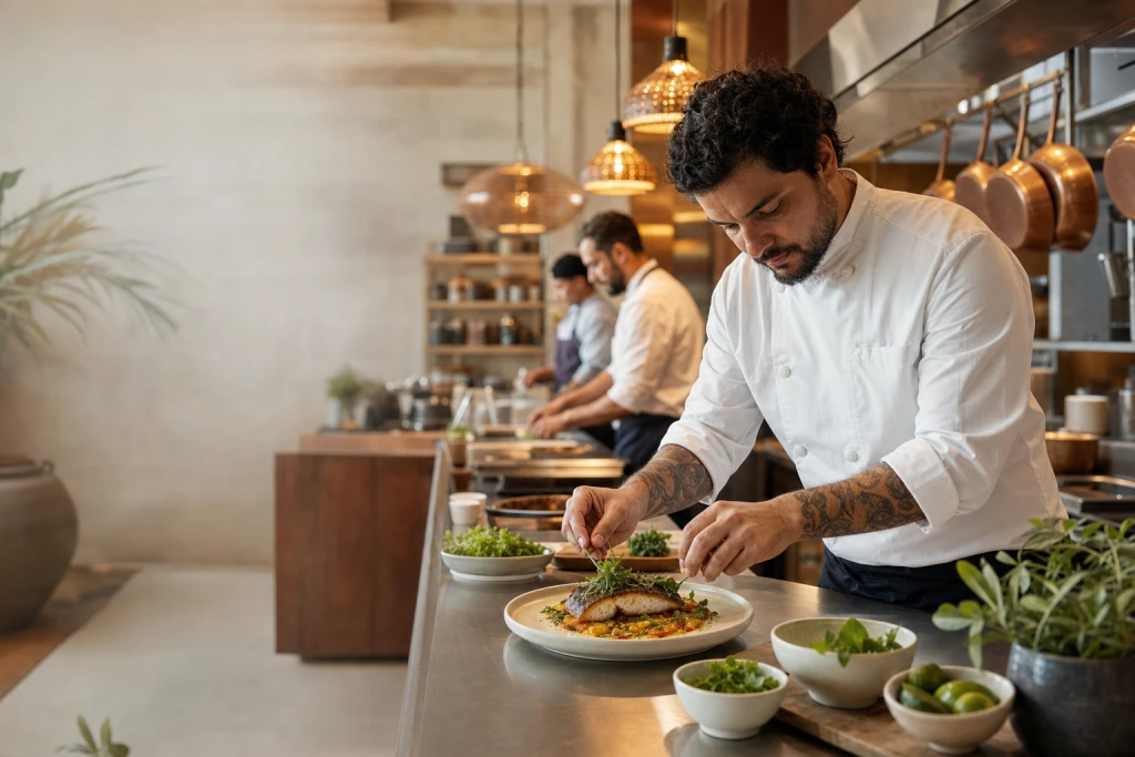 Chef finaliza um prato de peixe na bancada de uma cozinha aberta, com a equipe trabalhando ao fundo