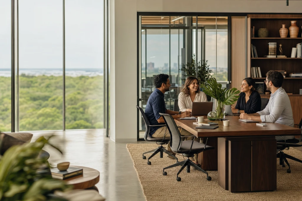 Equipe trabalha em uma mesa compartilhada de um escritório amplo, com vista para a floresta