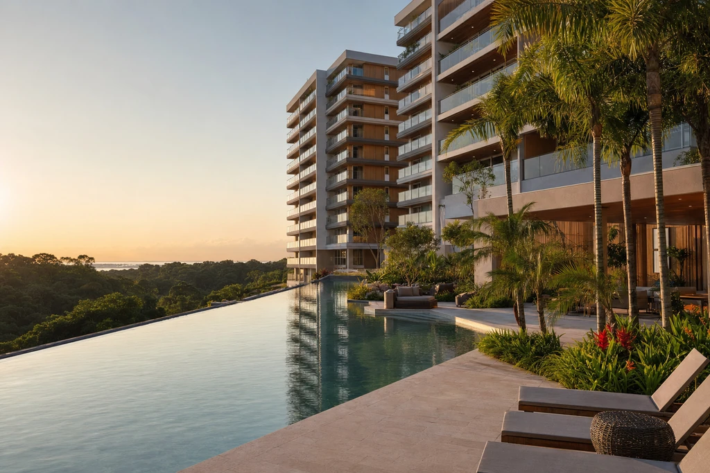 Área da piscina e jardins de um condomínio residencial em Manaus ao entardecer