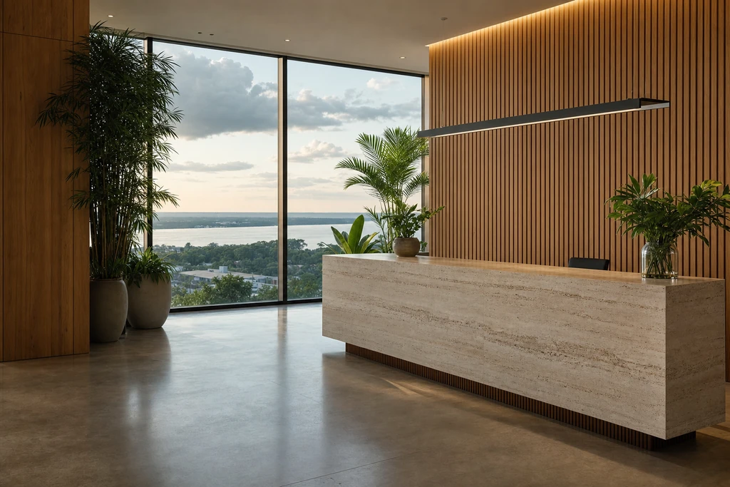 Recepção de um escritório corporativo, com balcão de pedra, plantas e vista para o Rio Negro