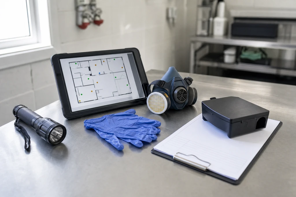 Equipamentos de inspeção da Elefar organizados sobre uma bancada: lanterna, tablet com mapa de pontos, luvas e máscara