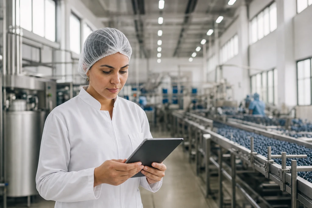 Supervisora de qualidade, de touca e jaleco, consulta o tablet ao lado de uma linha de produção de alimentos