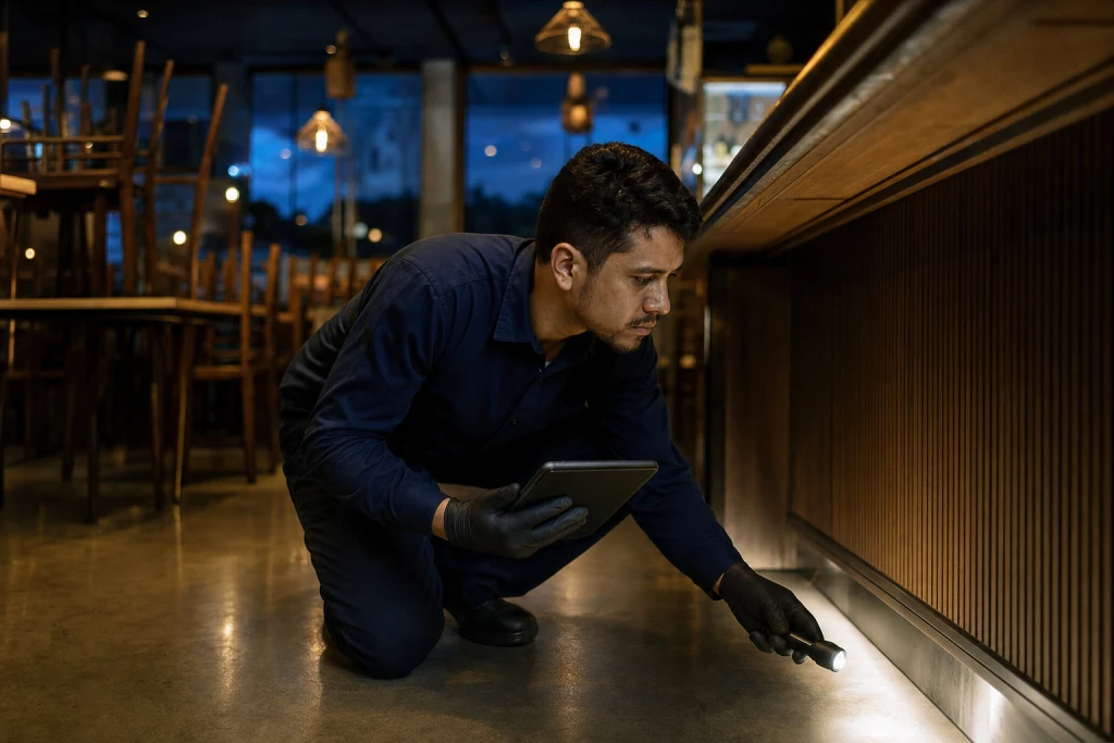 Técnico da Elefar inspeciona com lanterna, fora do expediente, a base do balcão de um restaurante fechado