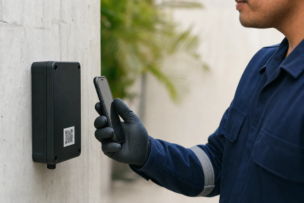 Mão de luva registra no celular a leitura de um ponto de monitoramento fixado na parede e identificado com QR code