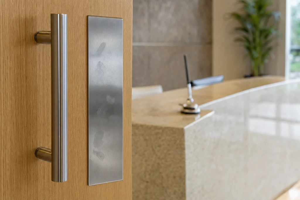 Puxador de porta e bancada de recepção com marcas de toque, superfícies de contato frequente