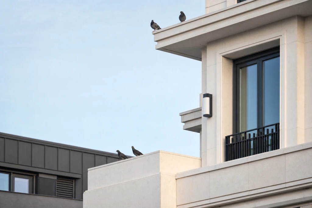 Pombos pousados no beiral e na mureta da fachada de um edifício