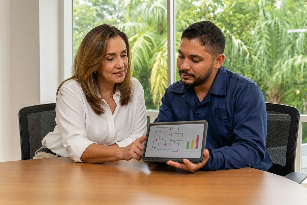 Técnico da Elefar apresenta no tablet o mapa de pontos e o gráfico de tendência a uma gestora