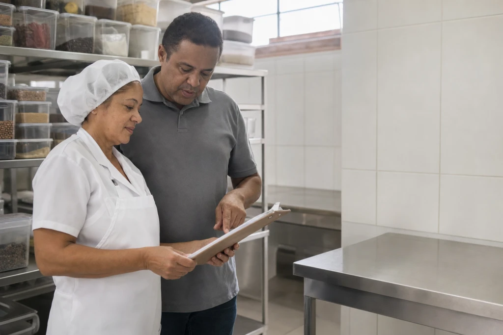 Chefe da cozinha da escola e coordenador administrativo conferem juntos a lista de verificação na prancheta, ao lado das prateleiras de inox com mantimentos em potes fechados