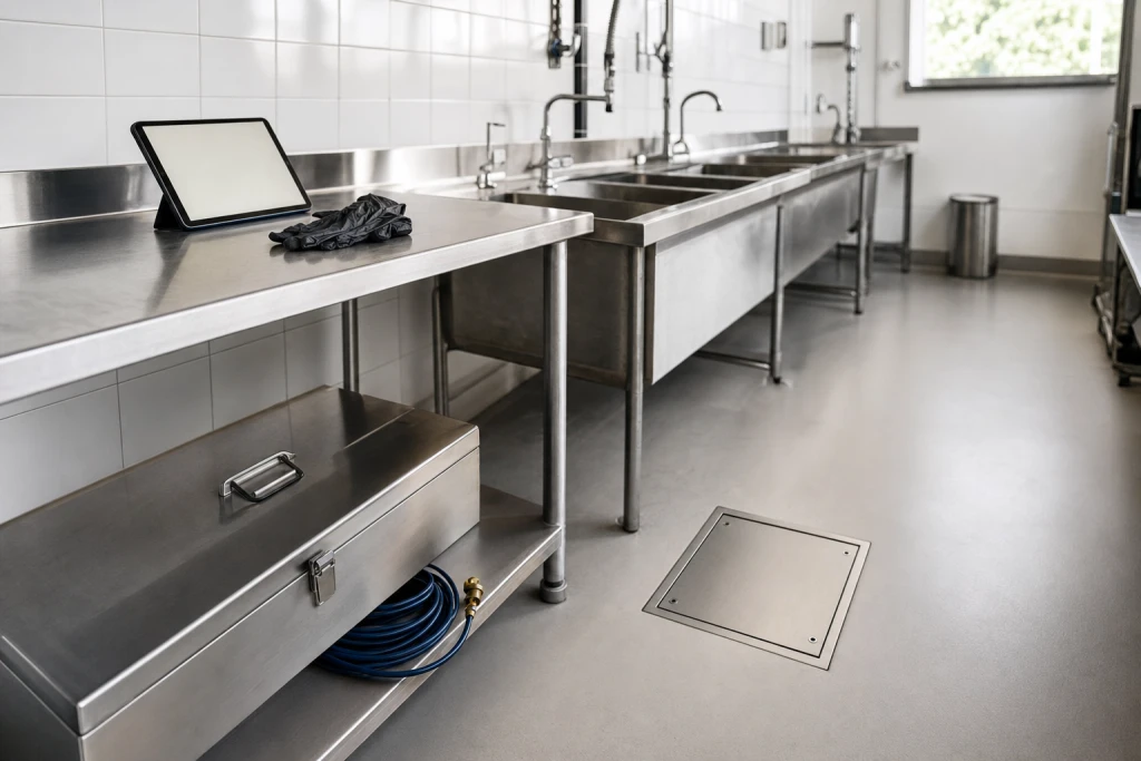Área de pias de inox de uma cozinha profissional, com a tampa da caixa de gordura no piso e o tablet de registro sobre a bancada