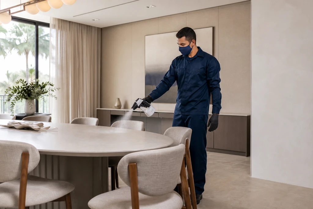 Técnico da Elefar, de máscara e luvas, aplica desinfetante em névoa em uma sala de jantar