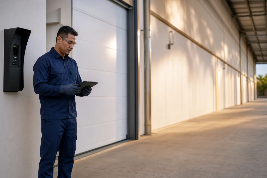 Técnico da Elefar registra no tablet a inspeção de um ponto de monitoramento no corredor externo de um galpão