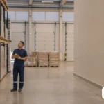 Depósito organizado com supervisor inspecionando corredores e portas fechadas.