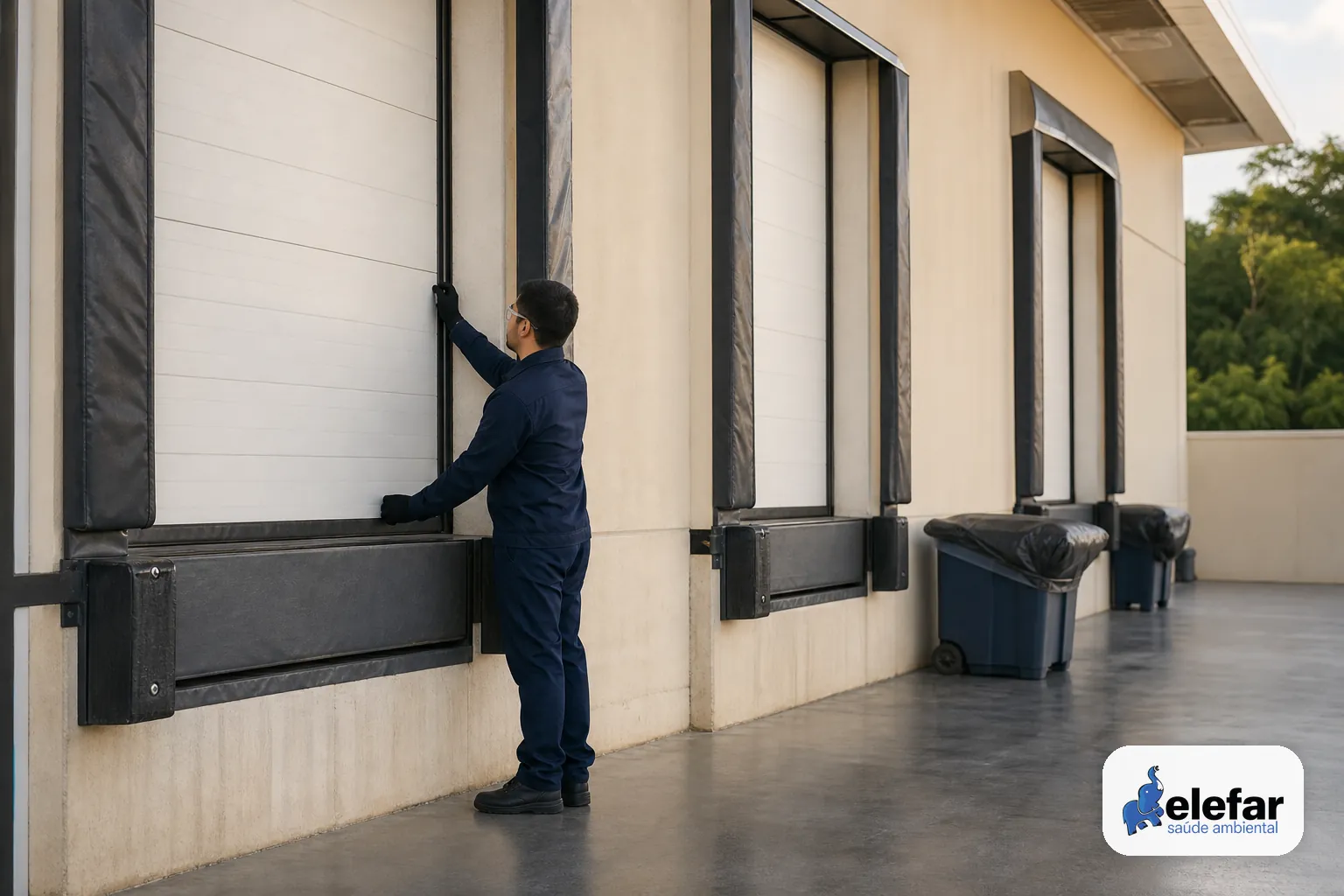 Área externa de armazém com portas vedadas e lixeiras tampadas.