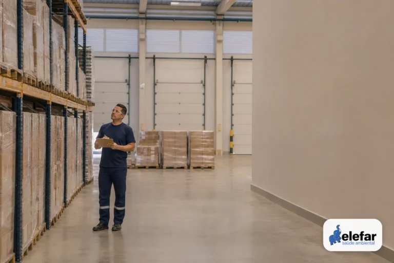 Depósito organizado com supervisor inspecionando corredores e portas fechadas.