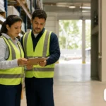Dois profissionais inspecionando um depósito industrial com prancheta e paletes organizados.