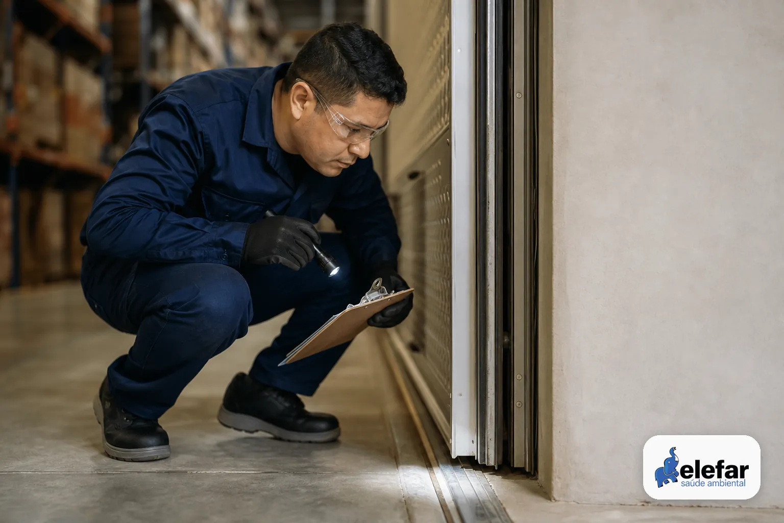 Técnico avaliando a vedação inferior de uma porta em depósito industrial.