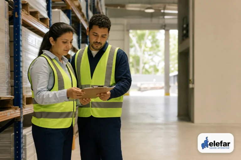Dois profissionais inspecionando um depósito industrial com prancheta e paletes organizados.