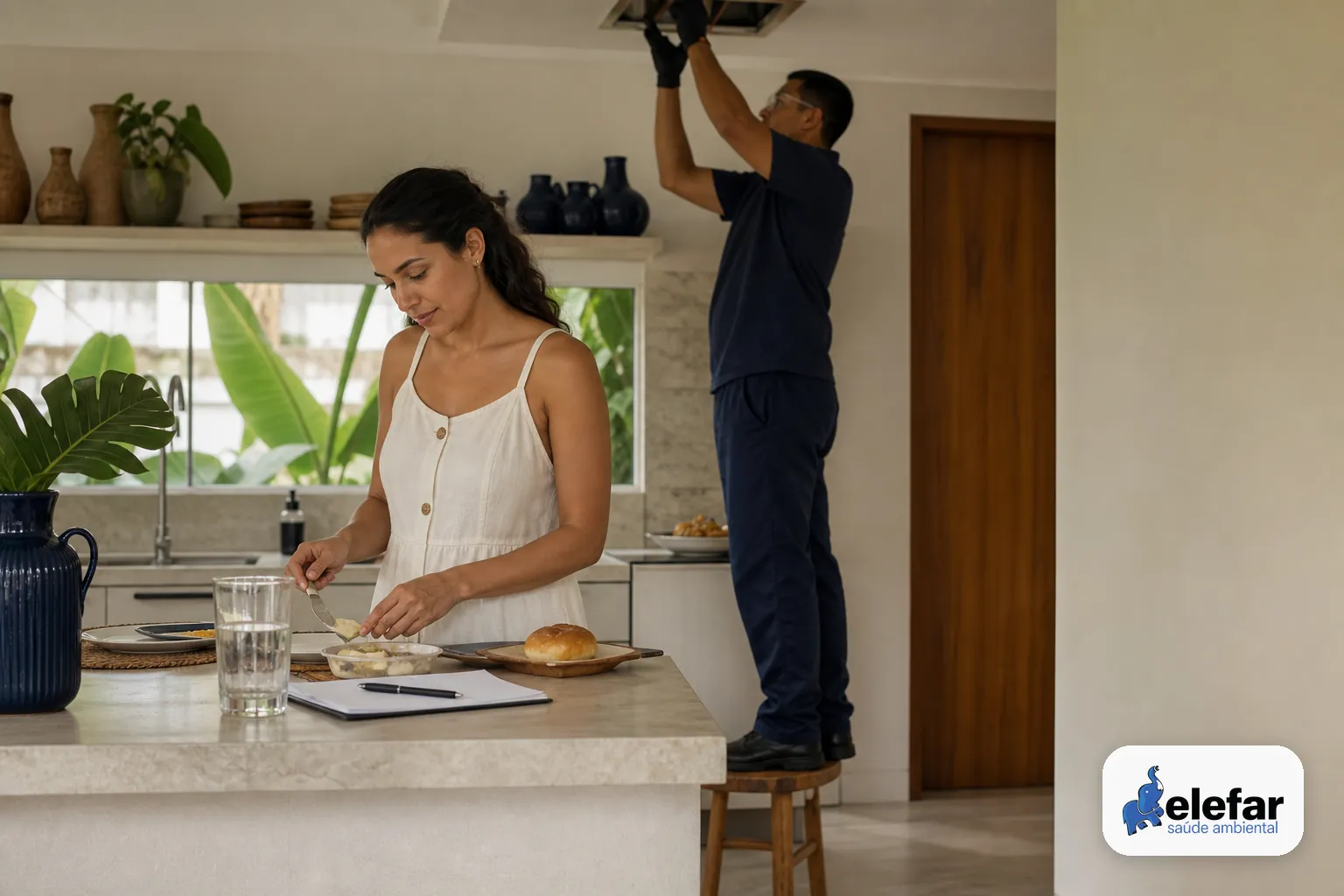 Pessoa preparando o café da manhã em uma cozinha organizada com um copo de água sobre a bancada