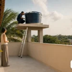 Técnico inspecionando a caixa d’água de uma casa com um morador ao lado
