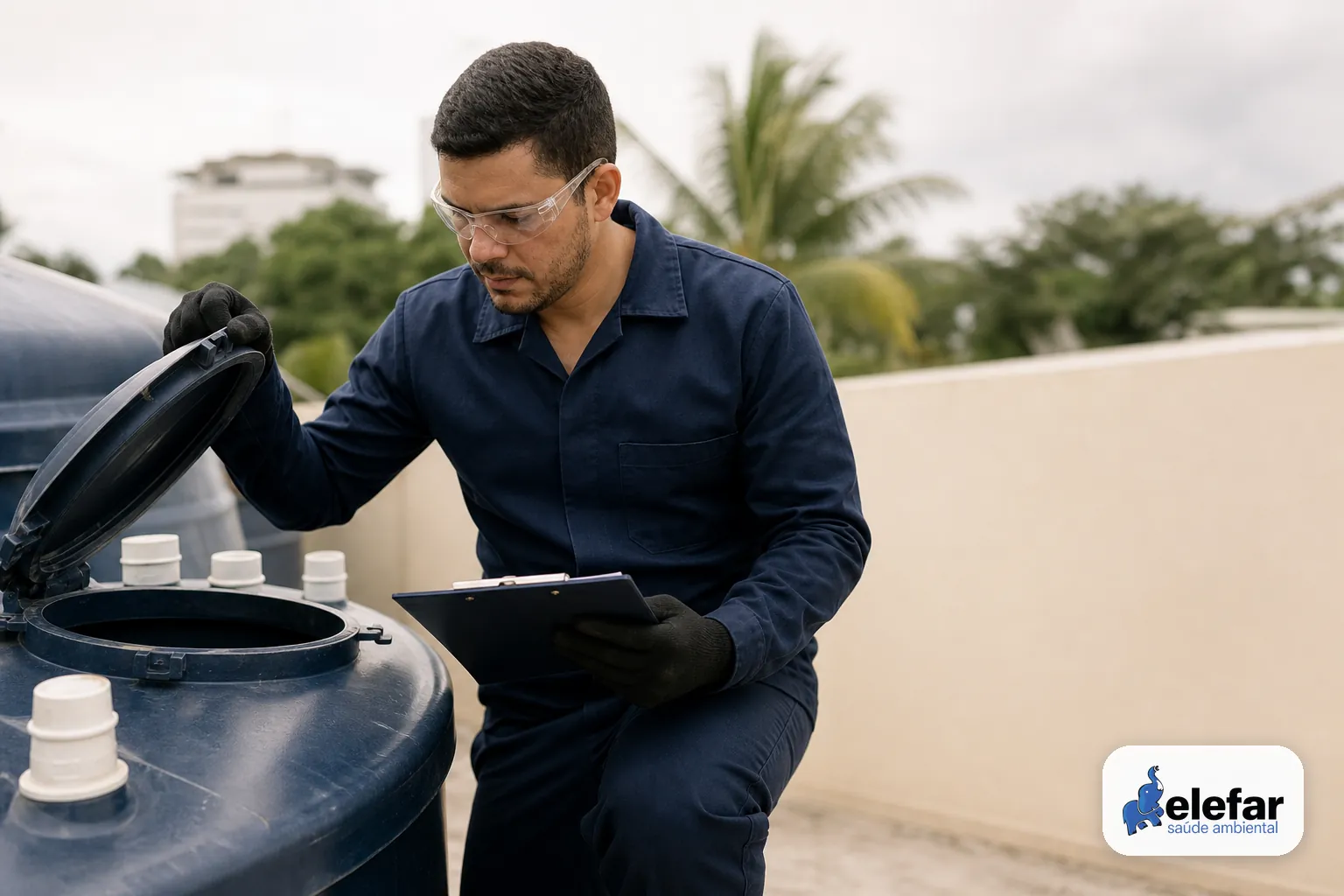 Técnico conferindo a tampa e a vedação de uma caixa d’água com prancheta na mão