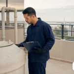 Técnico inspecionando o acesso a uma caixa d’água em um restaurante