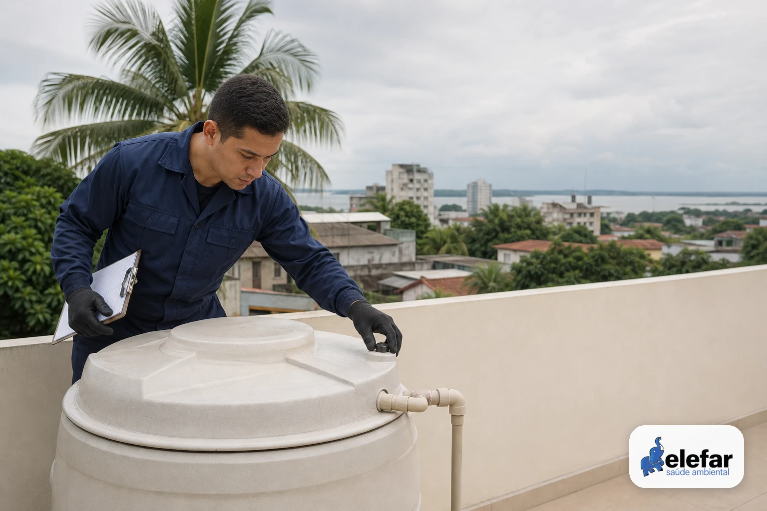 Técnico inspecionando tampa e vedação de caixa d'água em residência.