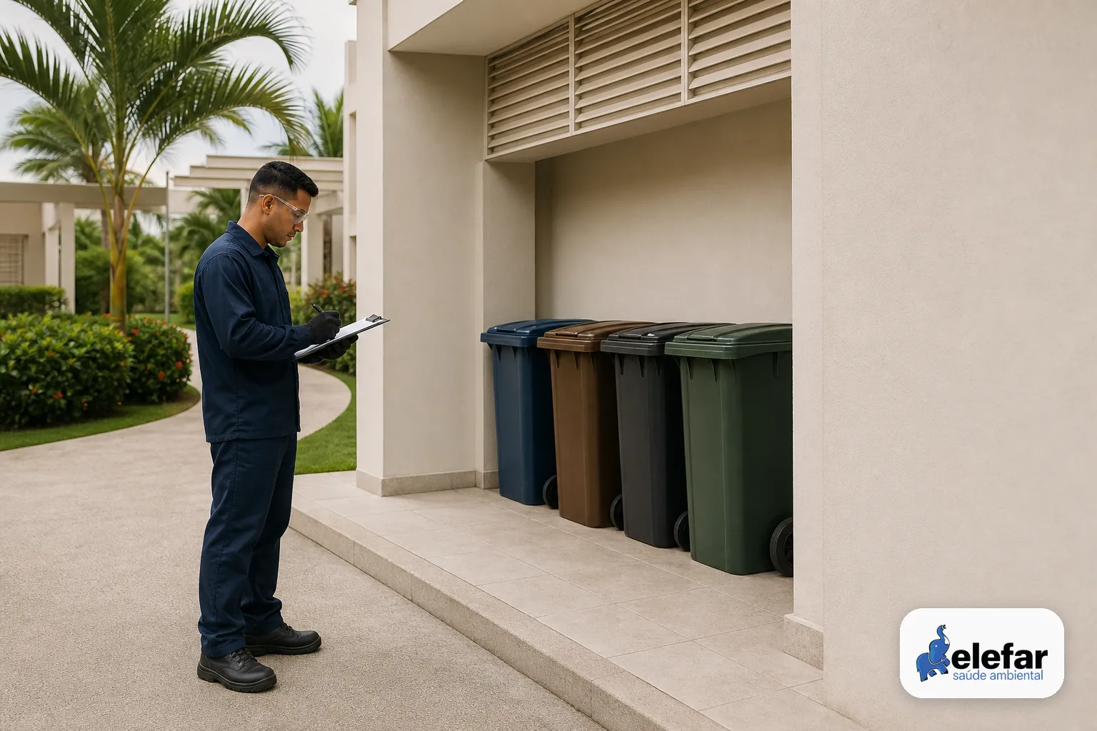 Profissional confere checklist de inspeção em área de serviço de condomínio.