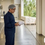 Técnico com checklist em corredor limpo de fábrica de alimentos.