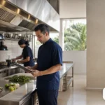 Chef ou gestor conferindo checklist em cozinha profissional organizada.