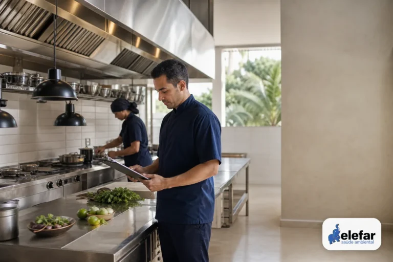 Chef ou gestor conferindo checklist em cozinha profissional organizada.