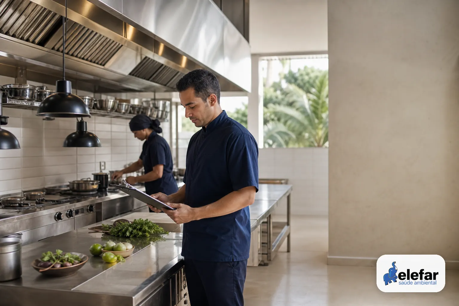 Chef ou gestor conferindo checklist em cozinha profissional organizada.