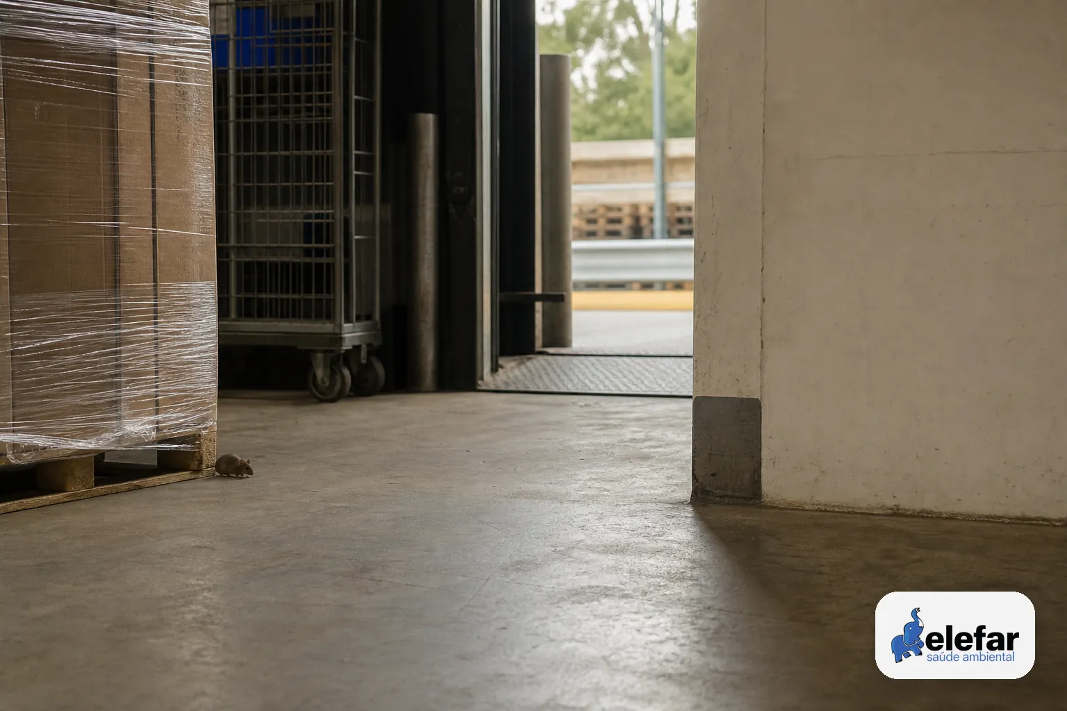 Doca de armazém com uma pequena casa de camundongo discreta perto de um pallet