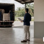 Doca de armazém com caminhão, pallets organizados e supervisão da operação