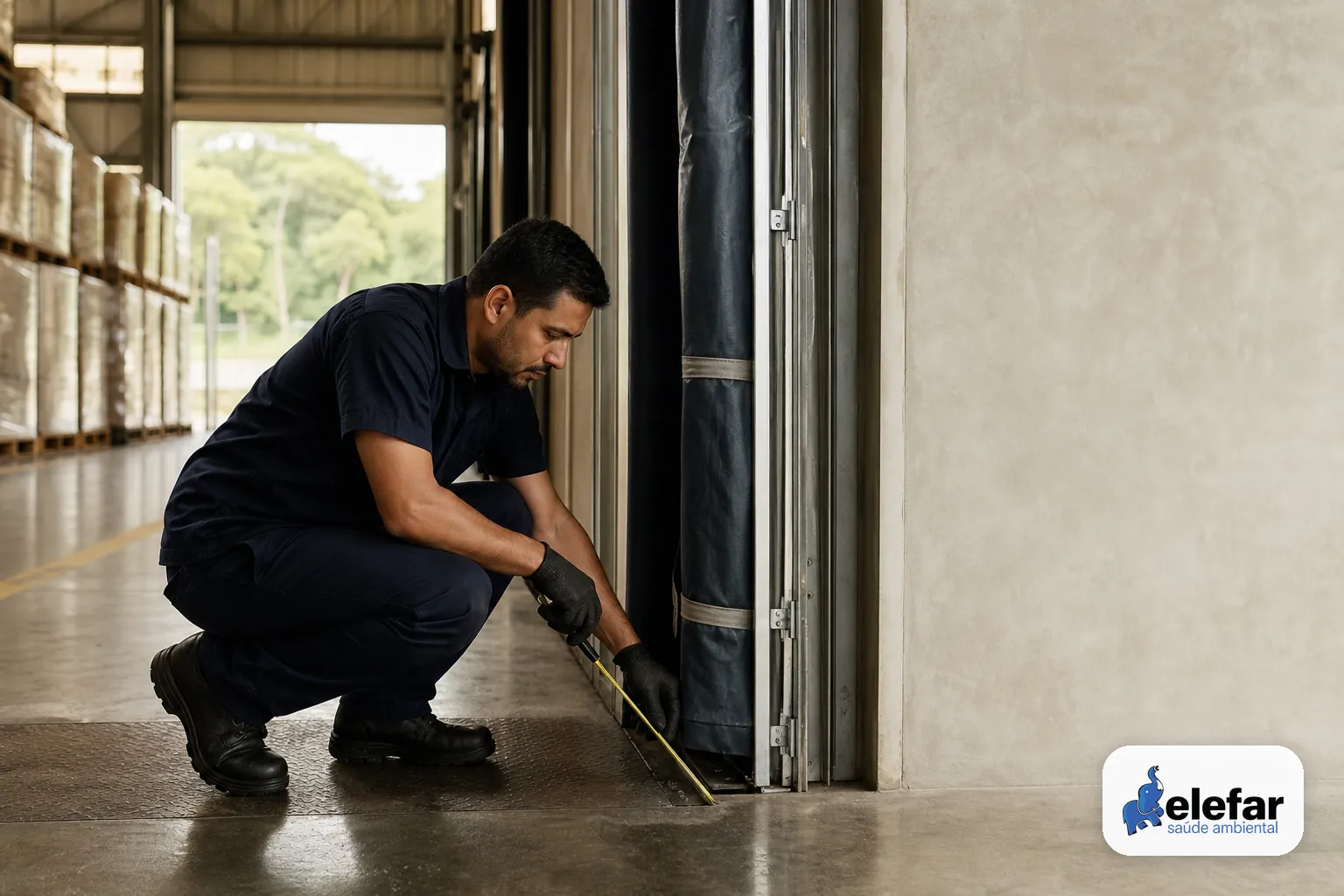 Técnico inspecionando vedação de porta e bordas do piso em um armazém