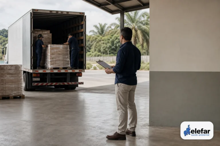 Doca de armazém com caminhão, pallets organizados e supervisão da operação