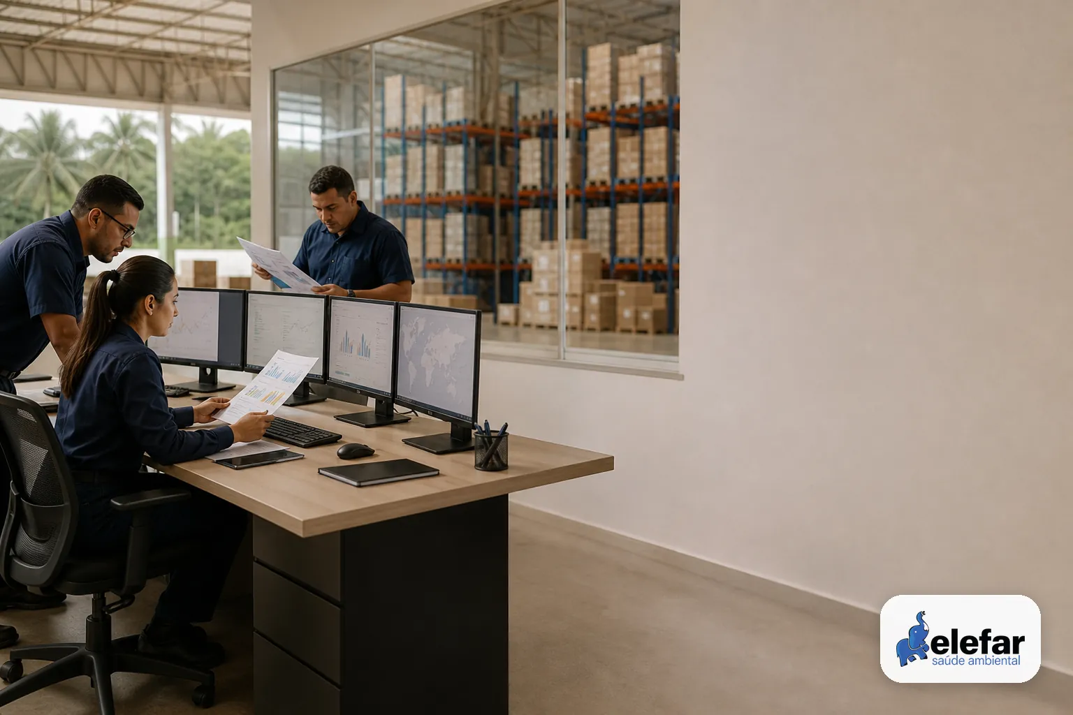 Equipe analisando indicadores em sala de controle de um centro de distribuição.