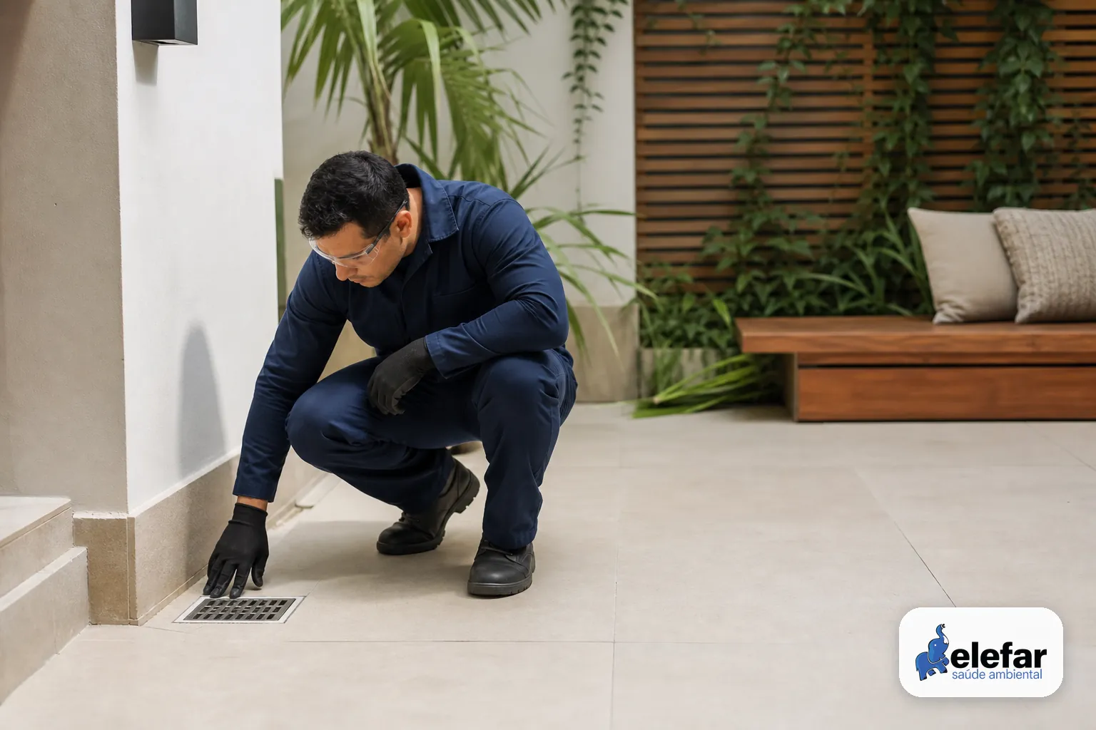 Pessoa inspecionando o ralo e as bordas do quintal de uma casa organizada.