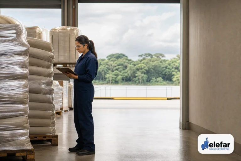 Técnico inspecionando matéria-prima na doca de recebimento de uma indústria.