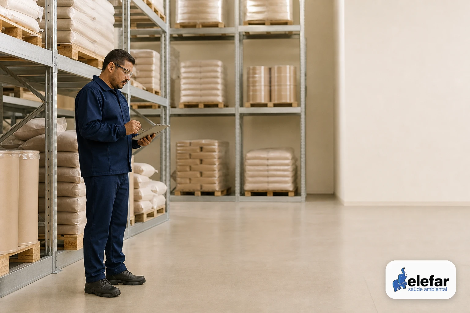 Profissional conferindo registros em área organizada de armazenagem industrial.