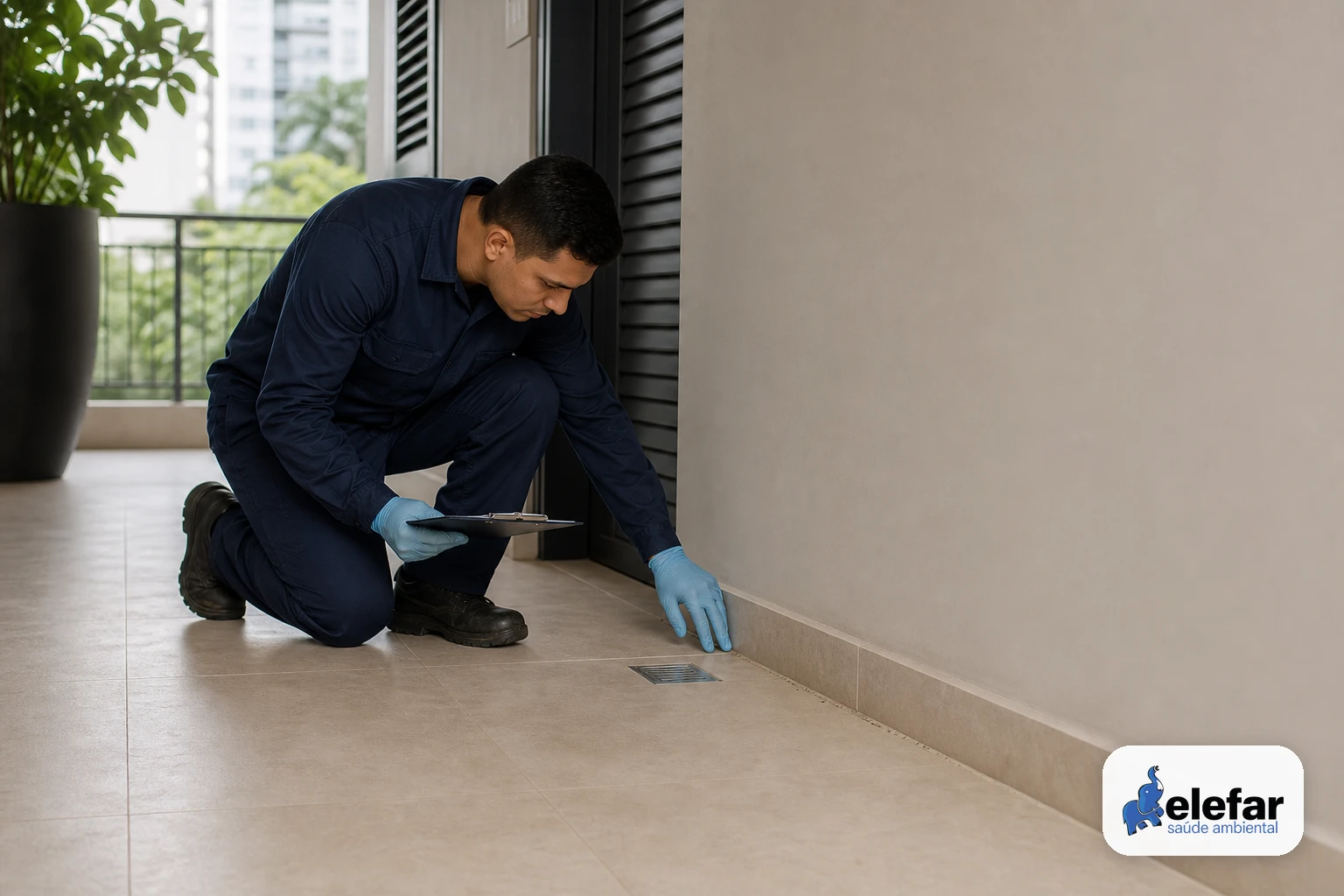 Corredor de serviço de condomínio com técnico inspecionando ralo e uma discreta linha de pequenas formigas no piso.