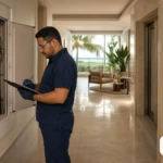 Síndico ou técnico observando um checklist em um hall de condomínio organizado.