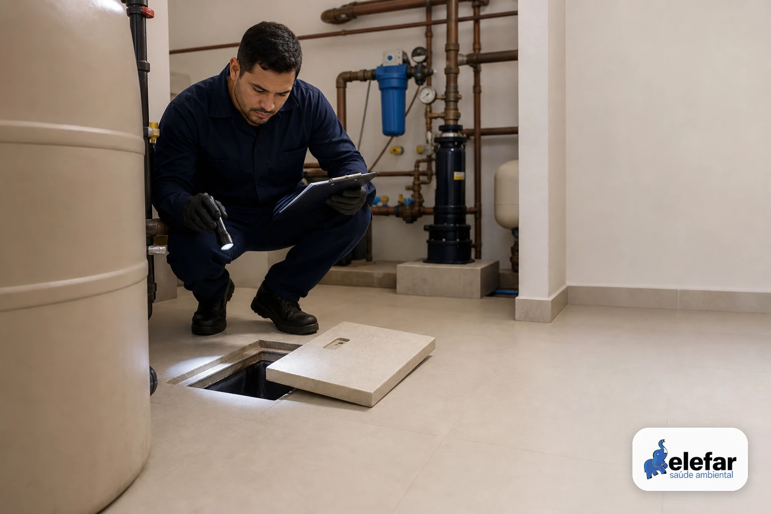 Técnico fazendo inspeção preventiva em área técnica de condomínio com prancheta e lanterna.