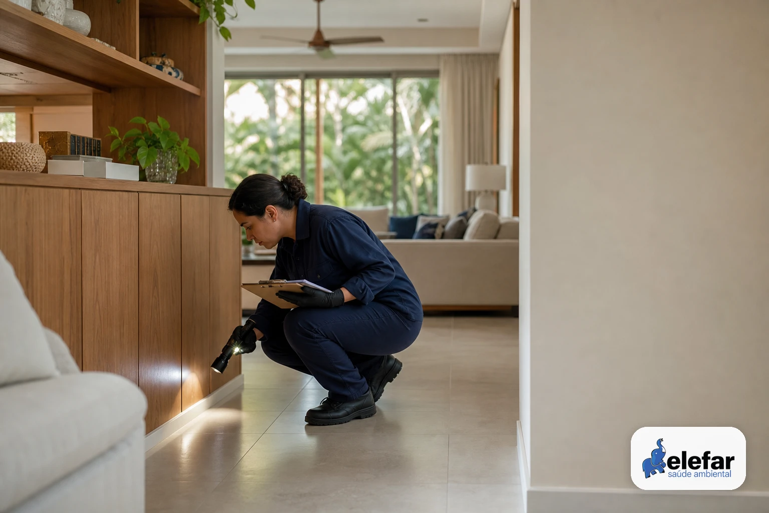 Técnico inspecionando madeira em uma casa organizada.