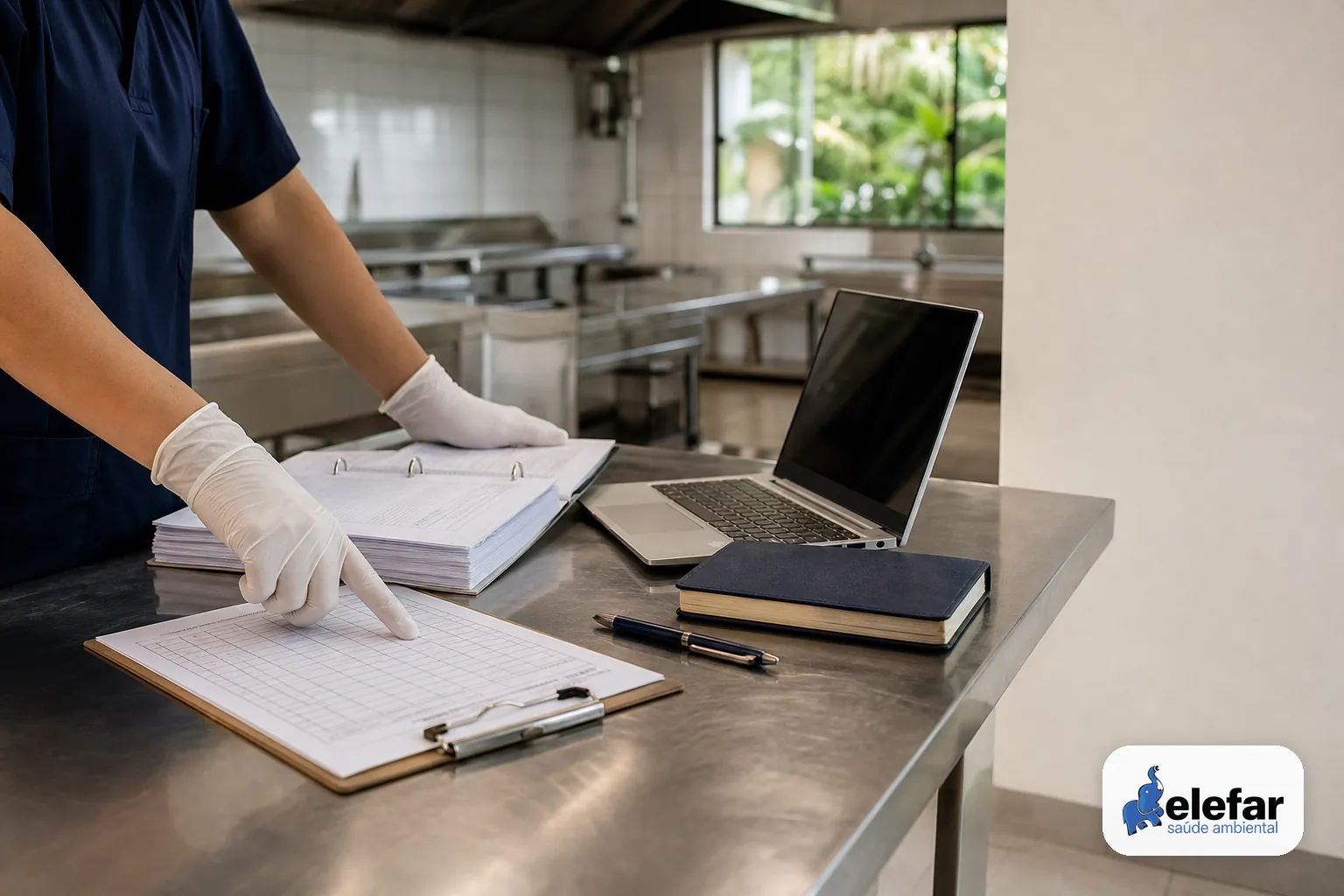Documentos de boas práticas sobre bancada de aço inox em cozinha profissional.