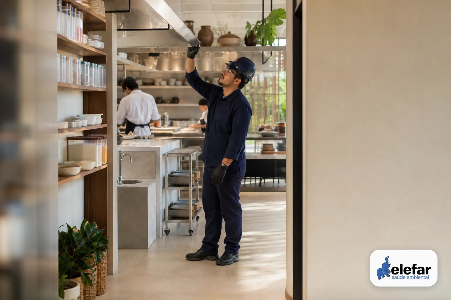 Técnico avaliando área de recebimento e fluxo em restaurante organizado.