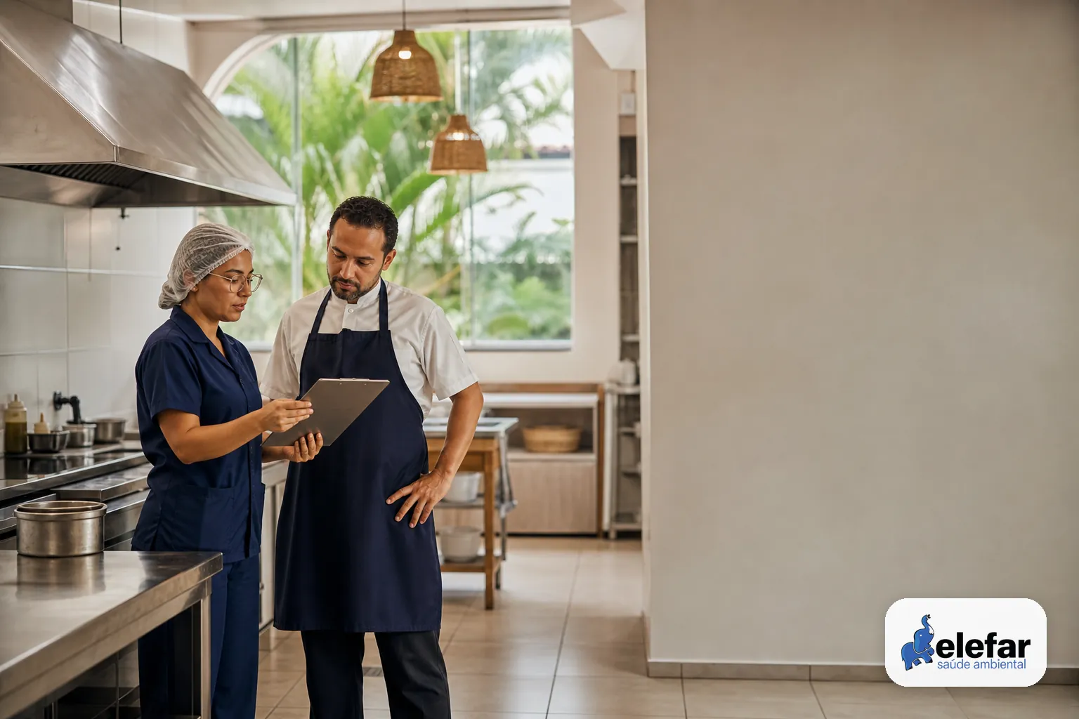 Técnico e gestor revisando checklist em cozinha de restaurante organizada.