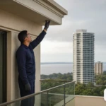 Técnico inspecionando a fachada de um condomínio urbano.